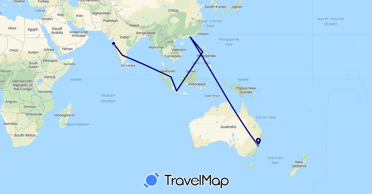 TravelMap itinerary: driving in Australia, China, Indonesia, India, Philippines, Singapore (Asia, Oceania)