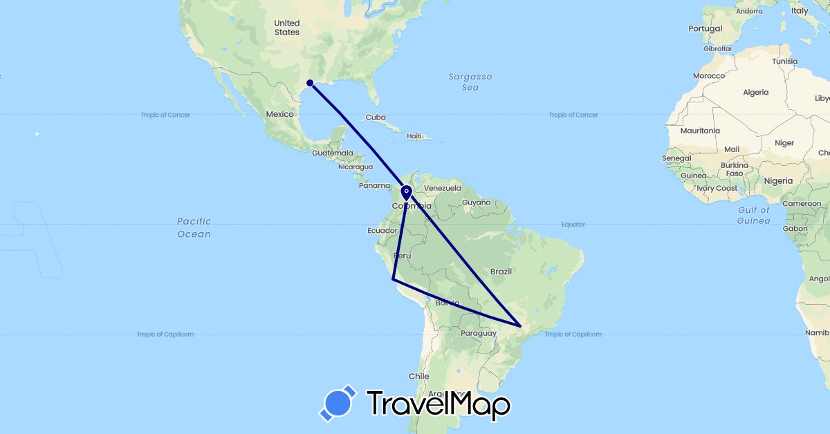 TravelMap itinerary: driving in Brazil, Colombia, Peru, United States (North America, South America)